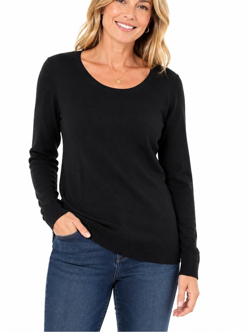 Lands’ End Black Scoop Neck Cotton Knit Sweater Women’s Large 14–16